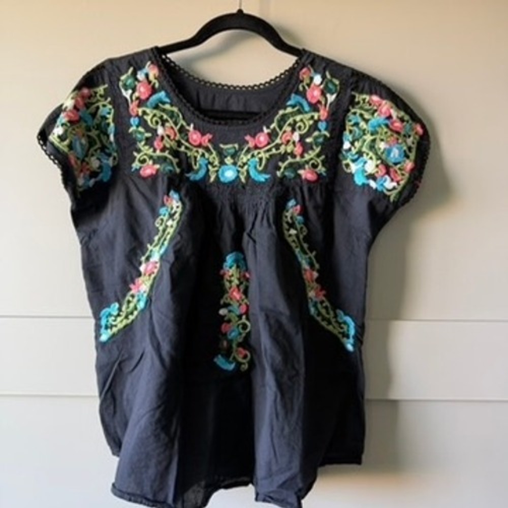 Floral Embroidered Peasant Top Women L Black Boho Cap Sleeve Blouse Festival